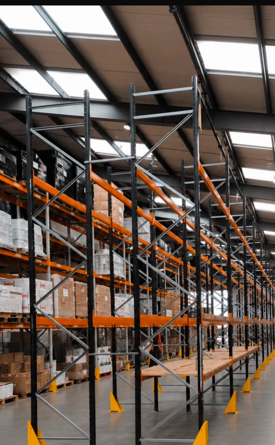 Pallet Racking UK - Multi-level racking with orange beams, timber decking and yellow upright protection | UM Storage Systems