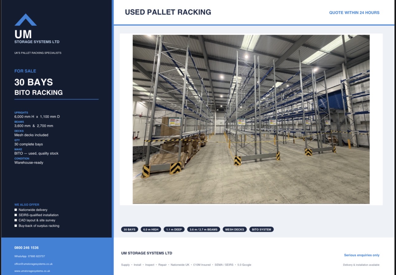 Used Pallet Racking UK - 30 bays of warehouse-ready BITO racking with mesh decks | UM Storage Systems